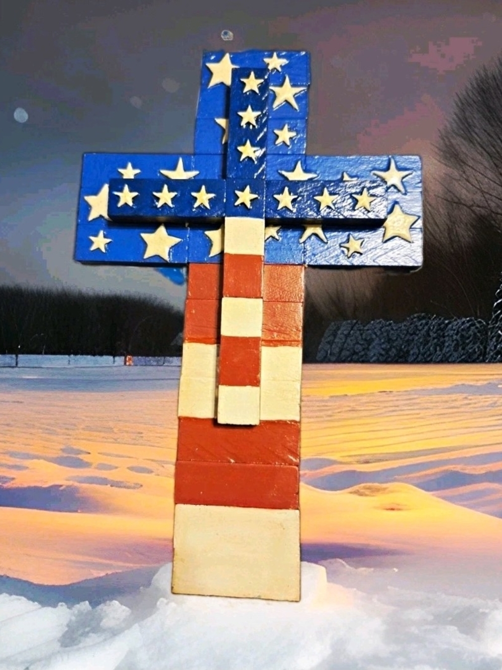 Handmade And Handpainted Patriotic Red, White and Blue Double Wooden Cross